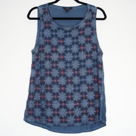 Lucky‎ Brand Womens Tank Top Size Large Blue Red Embellished Beaded Floral USA - Picture 1 of 9